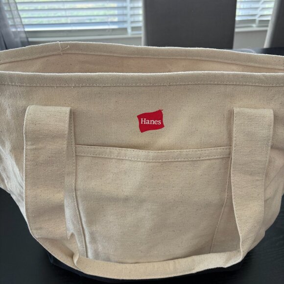 Gemline Canvas Tote Bag Cream Black Bottom Zipper Hanes Logo Reusable - Picture 2 of 9